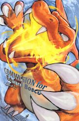  absurdres blue_eyes breath_weapon breathing_fire charizard claws colored_skin commission creatures_(company) fangs fire game_freak gen_1_pokemon highres kornart lizard looking_up nintendo open_mouth orange_skin orange_wings pokemon pokemon_(creature) solo twitter_username 