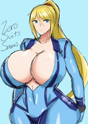  1girl 46ayamahi arms_at_sides arms_behind_back artist_name ass blonde_hair blue_background blue_bodysuit bodysuit breasts breasts_apart cameltoe character_name cleavage collarbone covered_navel fat_mons female_focus gluteal_fold highres huge_breasts metroid mole mole_under_mouth nintendo open_bodysuit open_clothes ponytail samus_aran shiny_clothes sketch skindentation solo standing wide_hips zero_suit  rating:Questionable score:22 user:POLTATO