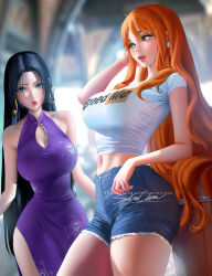  2girls boa_hancock breasts large_breasts long_hair multiple_girls nami_(one_piece) one_piece smile very_long_hair  rating:General score:6 user:anon-sama3
