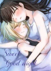  2girls black_tank_top blonde_hair blush breasts brown_hair closed_eyes closed_mouth cuddling erica_hartmann gertrud_barkhorn highres hug long_hair loud_stereo multiple_girls open_mouth short_hair sleeping small_breasts smile strike_witches tank_top upper_body white_tank_top world_witches_series yuri 