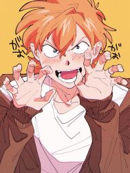  1boy blue_eyes blush br&#039;er_fox_(disney) brown_cardigan cardigan claw_pose highres humanization long_sleeves looking_at_viewer male_focus open_mouth orange_hair shirt short_hair sleeves_past_wrists solo song_of_the_south teeth translation_request uochandayo upper_body white_shirt yellow_background 