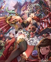  4girls :d aqua_eyes architecture artist_name black_hair black_legwear blurry blurry_background blurry_foreground braid breasts brown_hair caesty character_request commentary_request company_name depth_of_field dress east_asian_architecture flower frilled_skirt frills from_below hair_flower hair_ornament holding japanese_clothes kimono long_hair multiple_girls official_art one_eye_closed open_mouth outdoors red_eyes red_scarf scarf sengoku_saga short_hair sideboob silver_hair skirt smile sword thighhighs watermark weapon web_address 