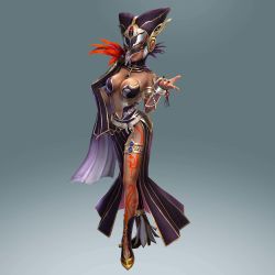  1girl 3d absurdres bodypaint breasts cia_(hyrule_warriors) cleavage dark-skinned_female dark_skin dress feathers female_focus full_body gradient_background hat highres hyrule_warriors jewelry large_breasts lots_of_jewelry mask nail_polish navel nintendo official_art side_slit solo the_legend_of_zelda white_hair witch  rating:Sensitive score:38 user:Sakitoshi