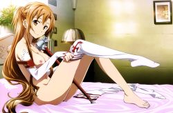  10s 1girl absurdres asuna_(sao) barefoot bed bedroom blush breasts brown_eyes brown_hair detached_sleeves feet female_focus full_body half_updo highres kawakami_tetsuya leaning_back leg_up light_brown_hair long_hair looking_at_viewer medium_breasts nipples no_shoes nude nude_filter on_bed single_thighhigh sitting smile solo sword sword_art_online thighhighs thighhighs_pull third-party_edit weapon white_thighhighs  rating:Explicit score:88 user:sytalidis