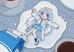  1girl 1nupool :o ahoge blue_eyes blue_hair blue_necktie blue_skirt blue_theme blush_stickers boots chibi coat coffee cream fallen_down gradient_hair highres horns knees_together_feet_apart lab_coat lying milk milk_carton mini_person minigirl multicolored_hair necktie on_back open_clothes open_coat original personification single_thighhigh skirt solo spill spilled_milk table thighhighs white_coat white_footwear white_horns white_thighhighs 