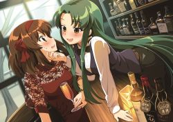 2girls :d alcohol alternate_costume arm_support bar_(place) bartender belt bent_over black_bow black_neckwear black_pants black_vest blush bottle bow bowtie breasts brown_eyes brown_hair commentary_request counter cup dress dress_shirt drink drinking_glass dutch_angle eye_contact fang formal green_hair hair_ribbon hairband hand_on_another&#039;s_chin holding holding_cup hotaru_iori indoors liquor long_hair long_sleeves looking_at_another medium_breasts multiple_girls open_mouth pants red_dress red_hairband red_ribbon ribbon second-party_source see-through shirt short_hair short_sleeves smile standing suzumiya_haruhi suzumiya_haruhi_no_yuuutsu sweatdrop teeth tsuruya upper_teeth_only very_long_hair vest white_shirt window yuri rating:Sensitive score:32 user:danbooru