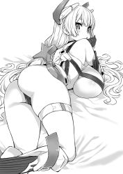 1girl angela_balzac armor asanagi ass bare_shoulders blush breasts chestnut_mouth elbow_gloves gloves greyscale hair_ornament headgear highres huge_breasts leotard long_hair looking_at_viewer lying monochrome on_stomach rakuen_tsuihou solo star_(symbol) star_hair_ornament twintails very_long_hair rating:Questionable score:56 user:danbooru