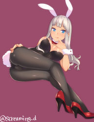 1girl :q animal_ears ass bad_id bad_pixiv_id bare_shoulders black_pantyhose blue_eyes breasts breasts_apart commentary_request detached_collar fake_animal_ears grey_hair hairband hand_to_own_mouth high_heels kyuuso_inukami leotard long_hair looking_at_viewer lying medium_breasts on_side original pantyhose playboy_bunny rabbit_ears rabbit_tail simple_background solo tail tongue tongue_out twitter_username wrist_cuffs rating:Sensitive score:14 user:danbooru