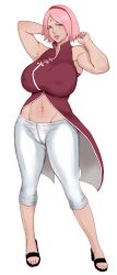  1girl absurdres aged_up arms_up breasts cameltoe covered_erect_nipples curvy facial_mark female_focus forehead_mark full_body green_eyes haruno_sakura highres huge_breasts jnsdh looking_at_viewer midriff naruto_(series) navel pink_hair sandals short_hair solo thick_thighs thighs toes 