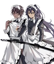  2boys absurdres alternate_costume apron arm_at_side averting_eyes back_bow black_dress black_eyes blue_eyes blush bow brown_hair closed_mouth clothes_grab crossdressing dark-skinned_male dark_skin dress embarrassed enmaided frills furrowed_brow grey_eyes hair_between_eyes heathcliff_(project_moon) heterochromia highres holding holding_sword holding_weapon hong_lu_(project_moon) id_card juliet_sleeves limbus_company long_hair long_sleeves looking_at_viewer maid maid_apron maid_headdress male_focus male_maid mu46016419 multiple_boys ponytail project_moon puffy_sleeves sheath short_hair sidelocks simple_background smile sweat sword trap unsheathing very_long_hair weapon white_apron white_background white_bow 