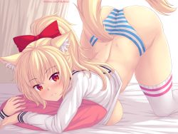 1girl animal_ear_fluff animal_ears ass blonde_hair blush bow breasts cat_ears cat_tail clothes_lift commentary dimples_of_venus english_commentary hair_bow highres hugging_object large_breasts long_hair looking_at_viewer no_pants nottytiffy original panties parted_lips pillow pillow_hug ponytail red_eyes school_uniform serafuku shirt_lift slit_pupils smile solo striped_clothes striped_panties tail thighhighs tiffy_(nottytiffy) top-down_bottom-up underwear watermark web_address rating:Questionable score:104 user:danbooru