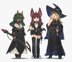  3girls :d ahoge animal_ears bat_ears bat_girl bat_wings black_gloves black_sclera blonde_hair blue_eyes boots brown_hair choker colored_sclera corset dark-skinned_female dark_skin earrings facial_tattoo fantasy gloves green_hair grey_background hair_over_one_eye hand_on_own_hip hat highres holding holding_staff horns jewelry looking_at_viewer low_wings medium_hair multiple_girls nail_polish off_shoulder open_mouth original pointy_ears porforever red_eyes robe side_slit smile staff standing tattoo teeth thigh_boots toeless_legwear upper_teeth_only wide_sleeves wing_ornament wings witch_hat yellow_eyes 