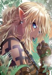  1boy arm_tattoo backlighting blonde_hair blue_eyes earrings hoop_earrings jewelry link lips male_focus mouth_hold nature nintendo plant pointy_ears ring short_ponytail sideways_glance signature solo sunlight tarakoutibiru tattoo the_legend_of_zelda the_legend_of_zelda:_tears_of_the_kingdom 