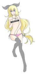  1girl 4chan bar_censor blonde_hair blue_eyes bow censored flat_chest hair_bow kowai_tsuriko long_hair lying on_back panties pas_(paxiti) pink_panties side-tie_panties simple_background solo the_great_troll-sama thighhighs topless underwear white_background 