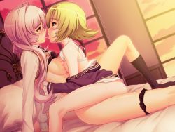  2girls bed black_panties blonde_hair blush bra breast_press breasts eye_contact french_kiss kiss lingerie long_hair looking_at_another multiple_girls nipples nipples_touching panties pillow pink_hair saliva short_hair sideboob sitting source_request symmetrical_docking tongue underwear white_bra yuri  rating:Questionable score:96 user:Captain_Impulse