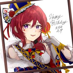 1girl absurdres alternate_hairstyle blue_hat cape center_frills collared_shirt commentary_request crown dated facial_tattoo frilled_shirt frills fur-trimmed_cape fur_trim gloves happy_birthday hat heart highres holding holding_scepter kiruto_(artar_12) looking_at_viewer love_live! love_live!_school_idol_festival_all_stars love_live!_school_idol_project medium_hair nishikino_maki open_mouth picture_frame purple_eyes red_hair scepter shirt short_ponytail signature sleeveless sleeveless_shirt solo tattoo upper_body white_gloves white_shirt 