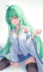  1girl :o absurdres ahoge arm_support black_thighhighs blue_skirt blush breasts cleavage collarbone detached_sleeves frog_hair_ornament green_eyes green_hair hair_ornament highres kneeling kochiya_sanae long_hair looking_at_viewer medium_breasts miniskirt navel pennosuke shirt sidelocks skindentation skirt snake_hair_ornament solo straight_hair thighhighs touhou very_long_hair white_shirt wide_sleeves 