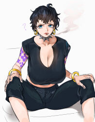  1girl ? absurdres arm_tattoo black_hair black_pants black_shirt blue_eyes bracelet breasts cigarette cleavage collar doll_(one_piece) earrings flower_tattoo hands_on_own_knees highres jewelry joy_boy large_breasts looking_to_the_side one_piece pants shirt short_hair sitting sleeveless sleeveless_shirt smoke smoking spiked_collar spikes spread_legs tattoo white_background  rating:General score:16 user:kai10