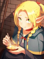  1girl blonde_hair blue_capelet blue_robe blush bowl braid brick_wall capelet choker commentary_request dungeon_meshi eating elf food food_on_face french_braid highres holding holding_bowl holding_spoon long_hair long_sleeves looking_at_viewer marcille_donato miine_1029 pointy_ears red_choker robe sitting solo soup spoon twin_braids upper_body  rating:General score:11 user:danbooru