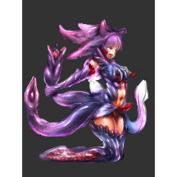  ahegao biosuit bodysuit highres living_clothes nulroh purple_eyes purple_hair tentacles tentacle_clothes  rating:Questionable score:16 user:xuwagukupi