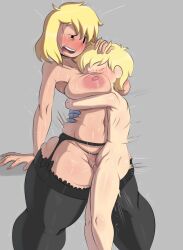  1boy 1girl adventure_time blonde_hair blush breasts breasts_out doodle finn_the_human hug lingerie mature_female minerva_campbell nipples sex tayuri underwear vaginal 