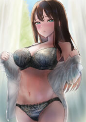  1girl :o absurdres armpits bare_shoulders blush bra breasts brown_hair cleavage clothes_pull collarbone commentary_request cowboy_shot curtains floral_print groin half-closed_eyes highres idolmaster idolmaster_cinderella_girls indoors lace lace-trimmed_bra lace-trimmed_panties lace_trim lingerie long_hair looking_at_viewer medium_breasts navel off_shoulder open_clothes open_shirt panties ribs shibuya_rin shirt shirt_pull solo stomach straight_hair torishu_(kumataka_4867) underwear undressing white_shirt 