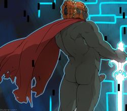  1boy ass bad_id bad_tumblr_id bara cape colored_skin erection ganondorf green_skin highres male_focus mugheyart muscular nintendo nude penis pointy_ears solo sword the_legend_of_zelda thighs uncensored weapon  rating:Explicit score:6 user:harucho