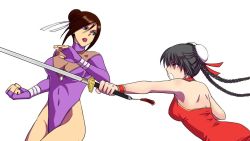 2girls battle black_hair breasts brown_eyes brown_hair china_dress chinese_clothes cleavage double_bun dress fighting green_eyes hair_bun jian_(weapon) multiple_girls piw sword twintails warrior weapon rating:Sensitive score:8 user:Cosby_