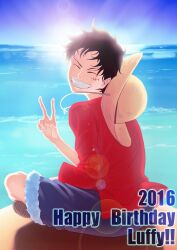  1boy 2016 ^_^ backlighting black_hair blue_background blue_shorts character_name closed_eyes commentary_request d_doyou dated day grin happy happy_birthday hat korean_commentary looking_back male_focus monkey_d._luffy ocean one_piece outdoors red_shirt sandals scar scar_on_face shirt short_hair shorts sitting sky smile solo straw_hat sun v 
