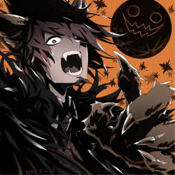  1boy animal_ears animal_hands black_cape brown_gloves cape checkered_clothes checkered_vest claw_pose collared_shirt commentary_request danganronpa_(series) danganronpa_v3:_killing_harmony facial_hair full_moon fur_cape furrowed_brow gloves gluteal_fold goatee halloween halloween_costume jack-o&#039;-lantern looking_at_viewer male_focus momota_kaito moon necktie open_mouth orange_background paw_gloves purple_eyes purple_hair purple_necktie purple_vest shaded_face shirt short_hair solo spiked_hair star_(symbol) u_u_ki_u_u unmoving_pattern upper_body vest werewolf_costume white_shirt wolf_ears 
