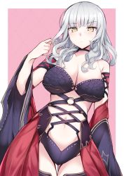 1girl blush breasts carmilla_(fate) cleavage commentary_request detached_sleeves fate/grand_order fate_(series) gluteal_fold haruyuki_(yukichasoba) large_breasts long_hair looking_at_viewer navel silver_hair sketch solo strap thigh_gap yellow_eyes rating:Sensitive score:20 user:danbooru