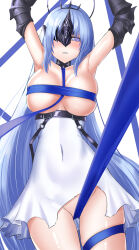  1girl absurdres alsace_(azur_lane) armpits arms_up azur_lane bare_shoulders belt between_breasts black_belt black_tiara blue_eyes blue_hair breast_strap breastless_clothes breasts cleavage collarbone commentary convenient_censoring covered_navel cowboy_shot detached_collar dress eye_mask gauntlets hair_ornament half_mask halo halo_behind_head highres large_breasts long_hair looking_at_viewer mask moroes parted_bangs parted_lips revealing_clothes ribbon ribbon_censor sidelocks simple_background skindentation solo standing strap_between_breasts tiara torn_clothes torn_dress underbust very_long_hair white_background white_dress 