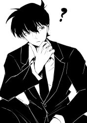  1boy ? absurdres buttons closed_mouth coattails collared_jacket collared_shirt cowboy_shot formal greyscale hair_between_eyes hand_on_own_chin highres jacket kudou_shin&#039;ichi layered_sleeves light_frown long_sleeves looking_to_the_side male_focus meitantei_conan monochrome necktie pants sanshui_guantang shirt short_hair signature simple_background sitting solo suit thinking white_background 