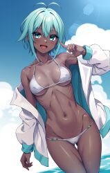  1girl antenna_hair arm_at_side bikini blue_eyes blue_hair blue_sky breasts cameltoe cloud collarbone covered_erect_nipples dark-skinned_female dark_skin day dosu_(doseven) dutch_angle gluteal_fold groin hair_between_eyes hair_intakes hand_up highres jacket jacket_partially_removed light_blush long_sleeves looking_at_viewer lowleg lowleg_bikini medium_breasts multicolored_clothes multicolored_jacket navel ocean open_clothes open_jacket original outdoors pointing pointing_at_self ribs short_hair sidelocks sky smile solo stomach strap_gap sun_glare swimsuit thigh_gap two-tone_jacket underboob white_bikini white_jacket  rating:Sensitive score:64 user:danbooru