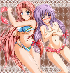 2girls assisted_exposure bandeau bikini unworn_bikini_top blue_eyes blush breast_hold breasts cameltoe clothes_theft covering_privates covering_breasts curvy embarrassed female_focus highres hong_meiling long_hair medium_breasts multiple_girls nanase_nanami navel no_headwear no_headwear patchouli_knowledge purple_eyes purple_hair swimsuit swimsuit_theft theft topless touhou underboob undressing wide_hips rating:Questionable score:22 user:danbooru