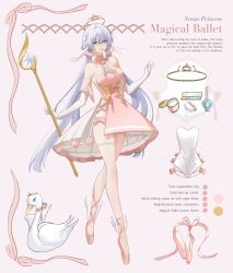  1girl alternate_costume aqua_eyes ballerina bare_shoulders bow crinoline dress elbow_gloves english_text full_body gloves hair_between_eyes halo head_wings highres honkai:_star_rail honkai_(series) long_hair looking_at_viewer nevercrymoon parted_lips pink_bow pink_dress pink_footwear robin_(honkai:_star_rail) shoes smile solo standing white_gloves white_wings wings 