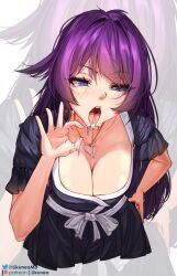  1girl artist_name bakemonogatari blue_dress blue_eyes blush bow breasts cleavage collarbone cropped_torso cum cum_in_mouth cum_on_hands cum_on_tongue cumdrip dress eyelashes facial frilled_sleeves frills hand_on_own_hip hand_up heart heart_necklace jewelry large_breasts leaning_forward likunea long_hair looking_at_viewer monogatari_(series) necklace official_alternate_costume open_mouth patreon_logo patreon_username pleated_dress purple_hair ribbon senjougahara_hitagi short_sleeves sidelocks solo teeth tongue tongue_out twitter_logo twitter_username upper_teeth_only white_bow white_ribbon zoom_layer 