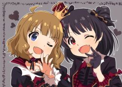  2girls ;d ahoge ascot bat_wings black_ascot black_dress black_gloves black_hair black_jacket black_ribbon blue_eyes blush border brown_hair commentary_request crown dress fang fangs flower flower_request gloves goma_konbu grey_background hair_ribbon half_gloves hand_up hat head_tilt heads_together heart high_collar idolmaster idolmaster_million_live! idolmaster_million_live!_theater_days inset_border jacket juliet_sleeves long_sleeves looking_at_viewer medium_hair mini_crown mini_hat mini_top_hat multiple_girls nakatani_iku neck_ribbon one_eye_closed one_side_up open_mouth ornate_border outline pink_flower puffy_sleeves red_eyes red_flower red_hat ribbon short_hair smile spread_fingers striped_clothes striped_headwear suou_momoko tareme thick_eyelashes top_hat upper_body v-shaped_eyebrows v_over_mouth white_outline wings 