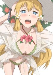  1girl bent_over bikini blonde_hair blue_eyes bracelet breasts cleavage criss-cross_halter fire_emblem fire_emblem_heroes green_bikini halterneck hat jewelry kuhuku006f86 large_breasts long_hair nintendo official_alternate_costume open_mouth see-through shirt smile solo star-shaped_pupils star_(symbol) sun_hat swimsuit symbol-shaped_pupils teeth upper_teeth_only very_long_hair ymir_(fire_emblem_heroes) ymir_(summer)_(fire_emblem_heroes) 