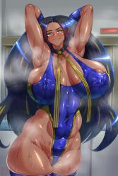  1girl :&gt; areola_slip arms_up blue_eyes blue_hair blue_one-piece_swimsuit blue_thighhighs blush breasts cameltoe cleavage collarbone covered_erect_nipples creatures_(company) curvy dark-skinned_female dark_skin female_focus game_freak geeta_(pokemon) highleg highleg_leotard huge_breasts indoors large_areolae leotard levanshousa913 looking_at_viewer matching_hair/eyes nintendo one-piece_swimsuit pokemon pokemon_sm shiny_clothes shiny_skin skindentation solo standing sweat swimsuit thick_thighs thighhighs thighs wide_hips  rating:Questionable score:14 user:Orphan_crippler