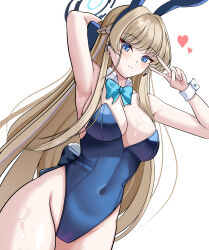  1girl absurdres animal_ears arm_up armpits bare_shoulders blonde_hair blue_archive blue_bow blue_eyes blue_hairband blue_halo blue_leotard bow bowtie braid breasts closed_mouth covered_navel detached_collar earpiece fake_animal_ears hairband halo heart highleg highleg_leotard highres leotard long_hair medium_breasts microphone official_alternate_costume official_alternate_hairstyle playboy_bunny rabbit_ears sekkno solo sweat thighs toki_(blue_archive) toki_(bunny)_(blue_archive) v very_long_hair wrist_cuffs 