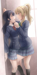  10s 2girls ayase_eli blonde_hair blue_eyes gradient_background hand_on_another&#039;s_face imminent_kiss long_hair love_live! love_live!_school_idol_project multiple_girls purple_hair sonoda_umi yellow_eyes yuri  rating:Questionable score:11 user:intrepid8