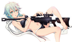  10s 1girl aqua_eyes aqua_hair bare_legs bare_shoulders barefoot between_breasts black_bra black_panties blush bra breasts feet gun hair_between_eyes hair_ornament hairclip highres leg_up lying medium_breasts navel open_mouth panties rifle scarf shian_(my_lonly_life.) short_hair simple_background sinon sniper_rifle solo sports_bra sword_art_online toes underwear underwear_only weapon white_background 