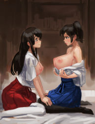 10s 2girls akagi_(kancolle) black_hair blush breasts breasts_out brown_eyes doyora hakama hakama_short_skirt hakama_skirt hands_on_another&#039;s_thighs huge_breasts japanese_clothes kaga_(kancolle) kantai_collection large_breasts long_hair looking_at_another multiple_girls nipples open_clothes open_shirt perky_breasts shirt short_hair side_ponytail sitting skirt smile thighhighs undressing wariza yuri rating:Explicit score:87 user:danbooru