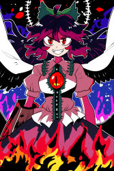  1girl ahoge arm_cannon bird_wings black_wings blouse blue_cape bollzzalguy bow breasts brown_hair cape collared_shirt commentary_request control_rod feathered_wings fire frilled_shirt_collar frills green_bow grin hair_bow highres medium_breasts puffy_short_sleeves puffy_sleeves red_eyes reiuji_utsuho shirt short_hair short_sleeves skirt smile solo third_eye_on_chest touhou two-sided_cape two-sided_fabric upper_body v-shaped_eyebrows weapon white_cape white_shirt wings 