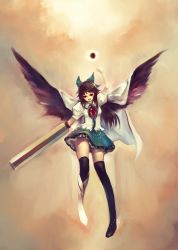 1girl arm_cannon bad_id bad_pixiv_id black_hair black_wings bow cape energy_ball female_focus hair_bow highres long_hair open_mouth red_eyes reiuji_utsuho smile solo thighhighs third_eye touhou traplus weapon wings  rating:Sensitive score:4 user:danbooru
