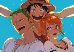  1girl 2boys bare_shoulders black_hair blue_background blush breasts cleavage collarbone commentary_request earrings facial_scar gold_earrings green_hair hat jewelry looking_at_another looking_at_viewer mckrs medium_breasts monkey_d._luffy multiple_boys nami_(one_piece) one_piece open_mouth orange_eyes orange_hair outstretched_arms red_vest roronoa_zoro scar scar_on_cheek scar_on_face shirt short_hair simple_background straw_hat straw_hat_pirates teeth twitter_username upper_body v-neck vest white_shirt 