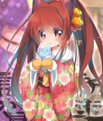  1girl aloe_(quiz_magic_academy) alternate_costume animal_ears blurry blurry_background blush brown_hair cat_ears commentary_request cowboy_shot creature eating floral_print flower food fur-trimmed_gloves fur_scarf fur_trim gloves hair_flower hair_ornament highres holding holding_food indoors japanese_clothes kimono light_particles long_hair long_sleeves looking_at_food mittens quiz_magic_academy red_eyes red_kimono red_sleeves scarf solo twintails usamata very_long_hair white_scarf wide_sleeves yellow_flower yellow_mittens yukata 