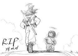  2boys absurdres black_hair boots clear_sky clenched_hands clothes_writing cloud dated dougi dragon_ball dragonball_z facing_away from_behind grass greyscale halo hands_on_own_hips height_difference highres horizon kozue2080 male_focus monochrome multiple_boys nib_pen_(object) outdoors pants path pen rest_in_peace_(phrase) road robot ruyi_jingu_bang shadow sheath sheathed side-by-side sky son_goku spiked_hair standing toned toned_male toriyama_akira_(character) undershirt walking weapon wide_shot wristband 