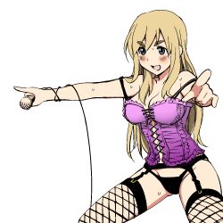  1girl bare_shoulders blush breasts cherie_currie cleavage corset cosplay eyebrows face female_focus fishnets garter_belt k-on! kotobuki_tsumugi lingerie long_hair matsui_celine microphone open_mouth outstretched_arms panties pointing runaways_(band) simple_background smile solo standing strap_slip sweat thick_eyebrows thighhighs third-party_edit underwear underwear_only white_background  rating:Questionable score:38 user:haftbefehl